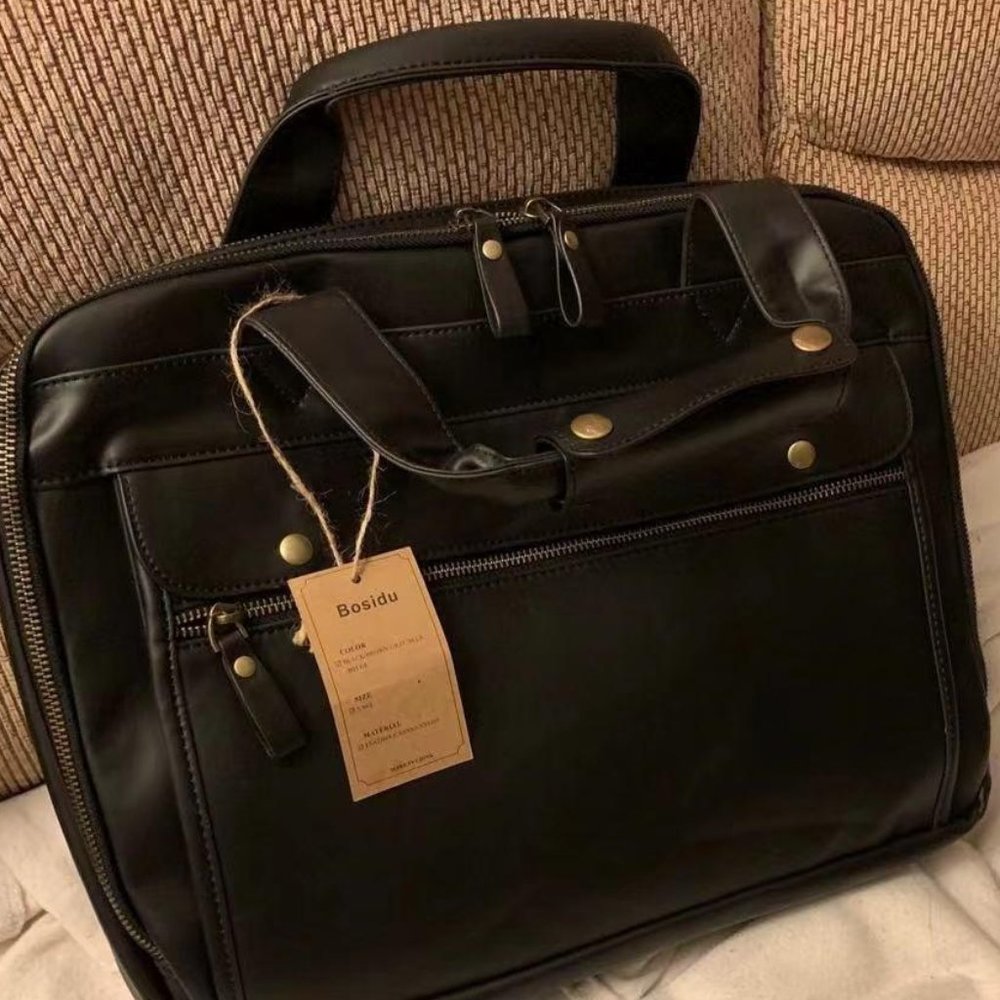 Men's Black Leather Waterproof laptop bag 15.6 Inch